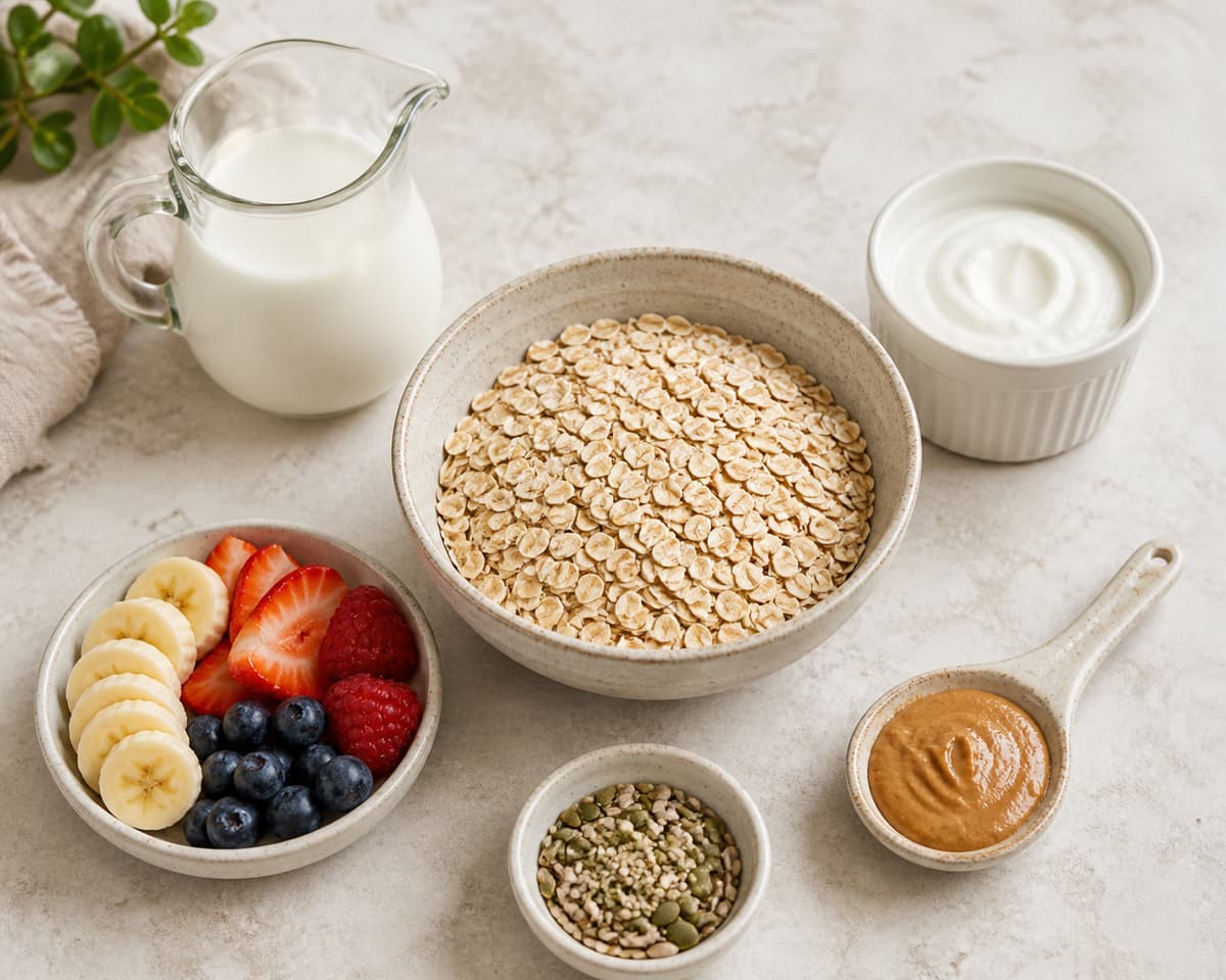 Un bol de flocons d'avoine entouré d'un petit pichet de lait, d'un ramequin de yaourt, de fruits frais, de graines et d'une cuillère de purée d'oléagineux sur une table claire.