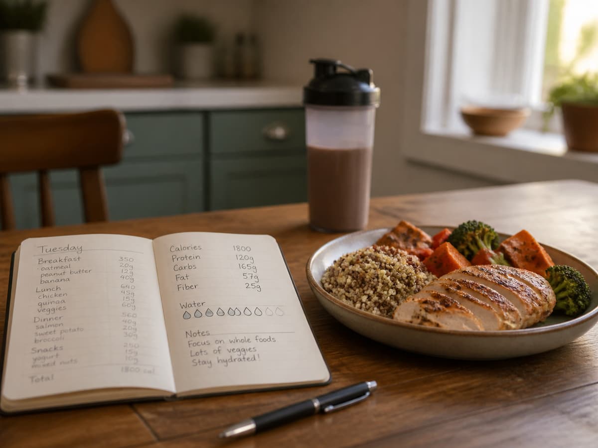 Un journal alimentaire ouvert avec des notes manuscrites à côté d'une assiette de repas équilibré et d'un shaker neutre en arrière-plan.