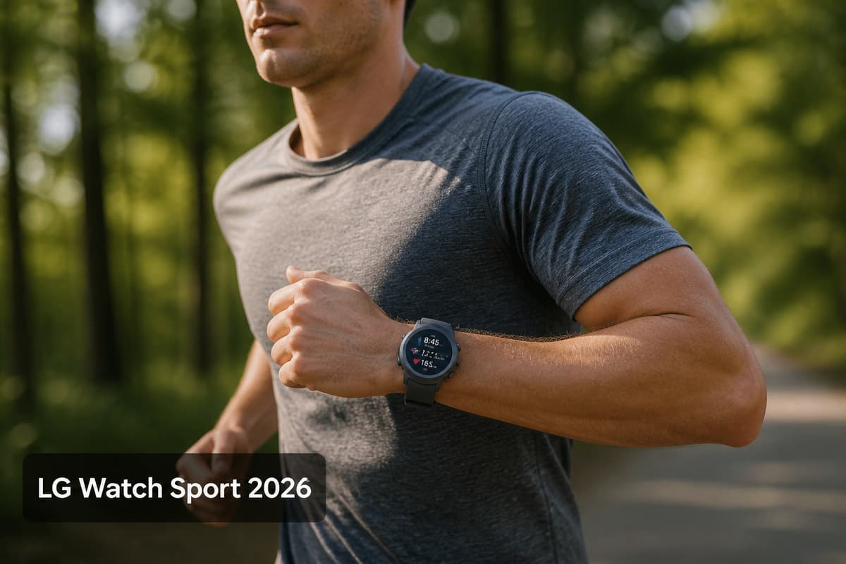 Montre connectée LG Watch Sport au poignet d’un coureur en extérieur, écran allumé affichant des données de course, avec le texte