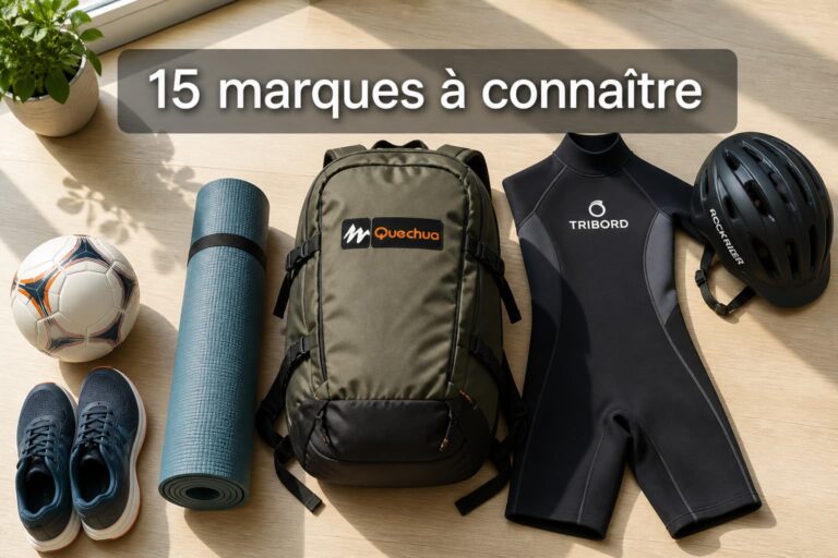 Logos Quechua, Tribord et Rockrider sur des équipements de randonnée, sports nautiques et cyclisme, avec le texte superposé « 15 marques à connaître ».