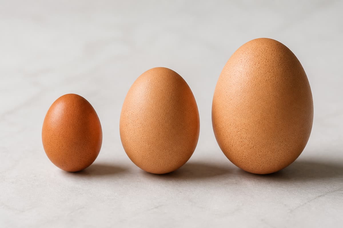 Trois œufs de tailles différentes alignés côte à côte, du plus petit au plus gros, sur une surface neutre.