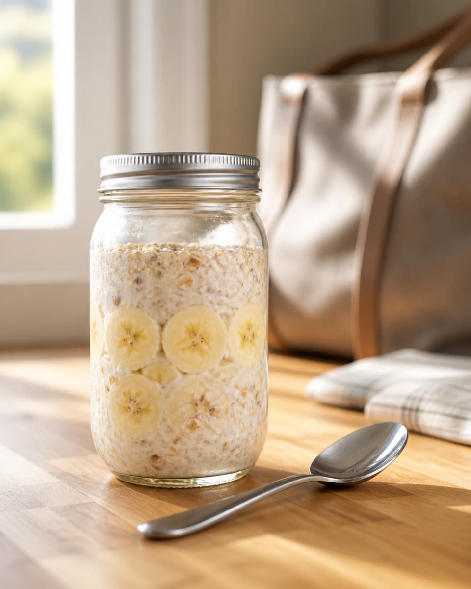 Bocal en verre fermé contenant du porridge d'avoine et des tranches de banane, posé sur un comptoir près d'une cuillère et d'un sac de travail.