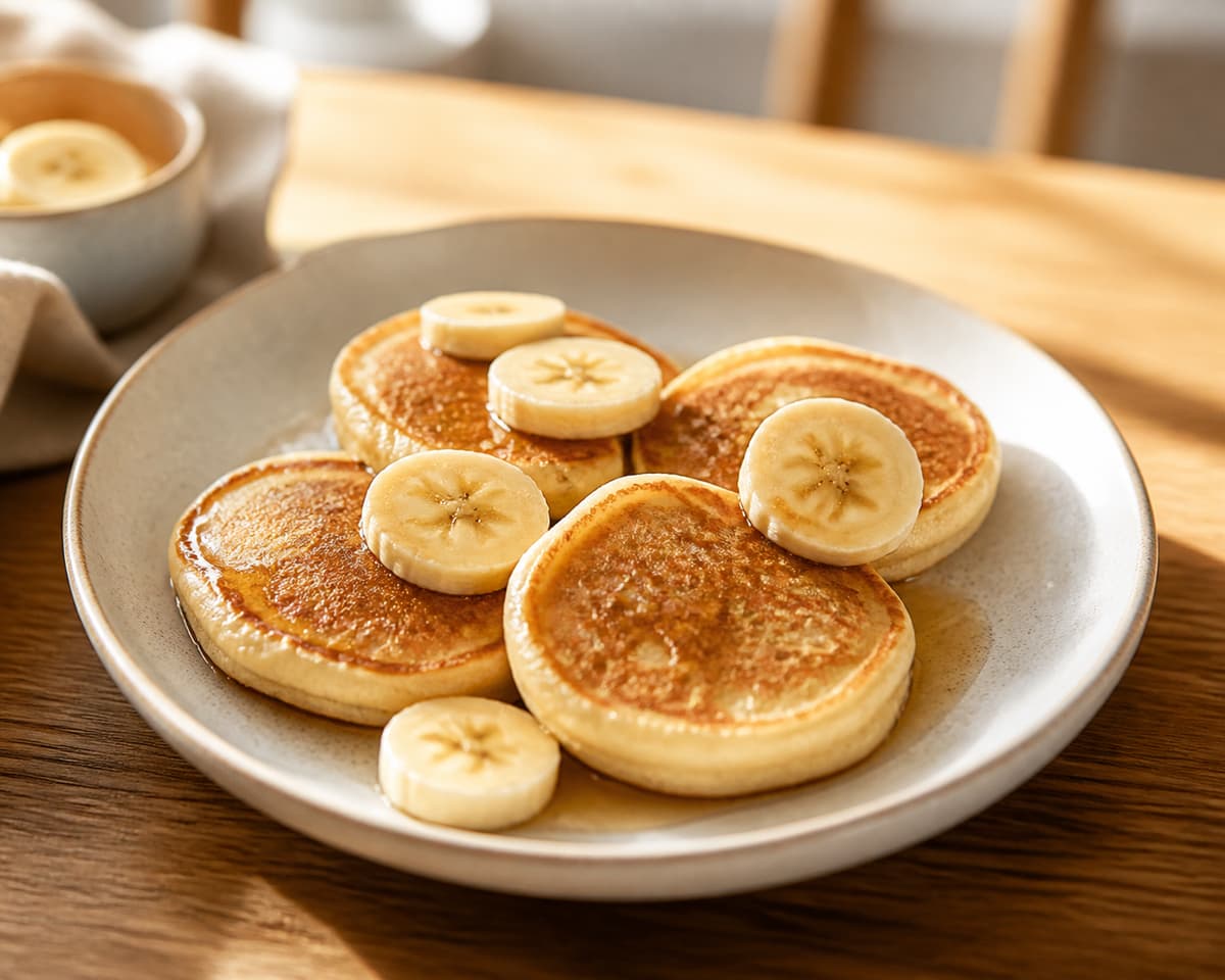 Quatre petits pancakes dorés garnis de rondelles de banane fraîche et d'un filet de sirop sur une assiette claire.