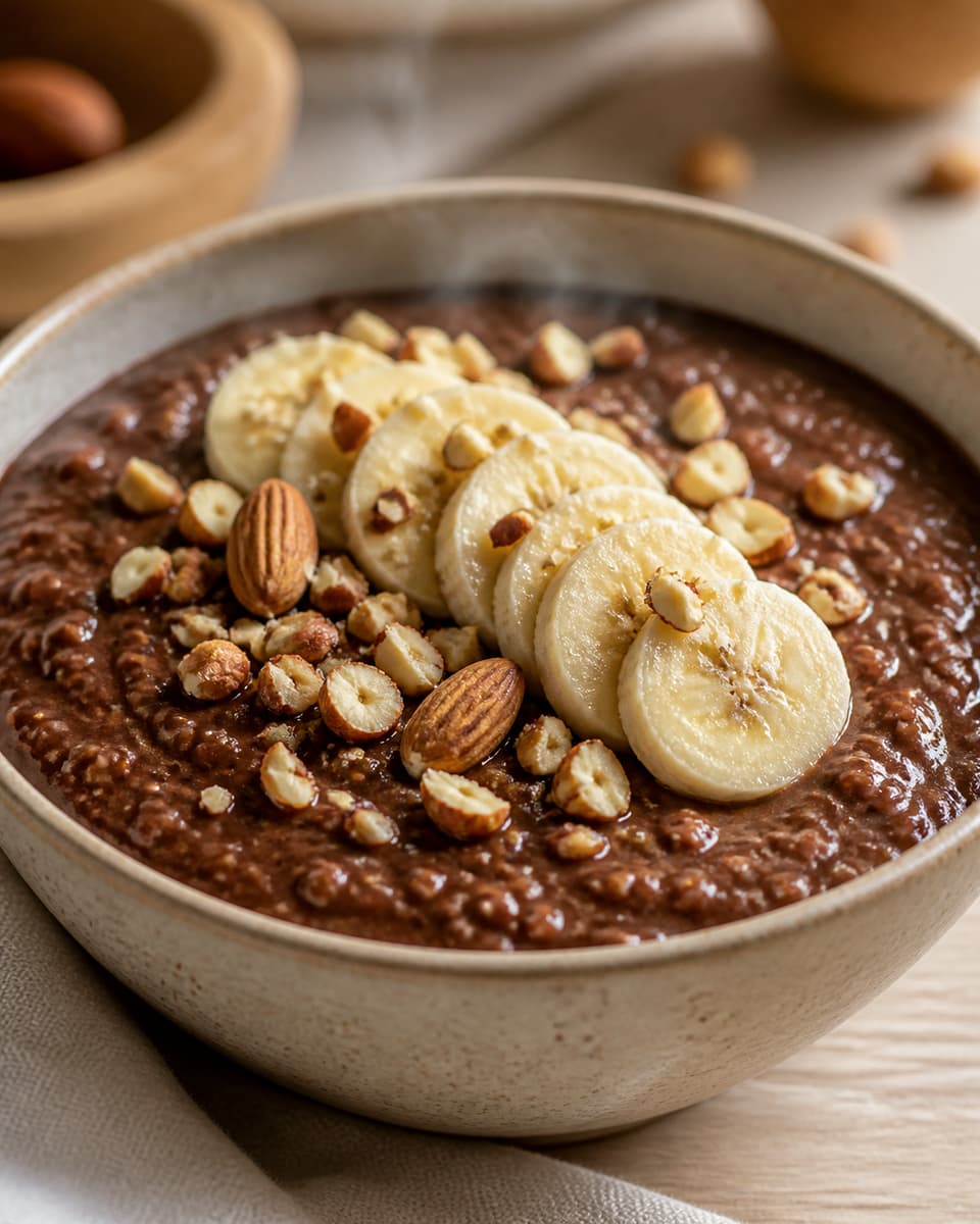 Bol de porridge épais au chocolat fumant garni de rondelles de banane, de noisettes concassées et d'amandes sur une table de cuisine.