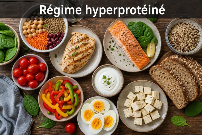 Assortiment varié d'aliments riches en protéines sur une table en bois, avec œufs, poisson, volaille, tofu, légumineuses, yaourt, légumes colorés et céréales, dans une lumière naturelle. Texte superposé « Régime hyperprotéiné » en haut.