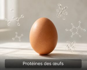 Œuf entier à coquille intacte posé sur une surface claire, entouré d’une représentation abstraite de protéines, avec le texte « Protéines des œufs » incrusté en bas.