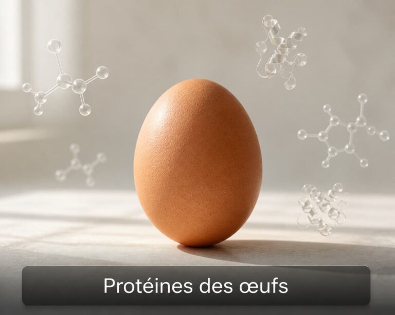 Œuf entier à coquille intacte posé sur une surface claire, entouré d’une représentation abstraite de protéines, avec le texte « Protéines des œufs » incrusté en bas.