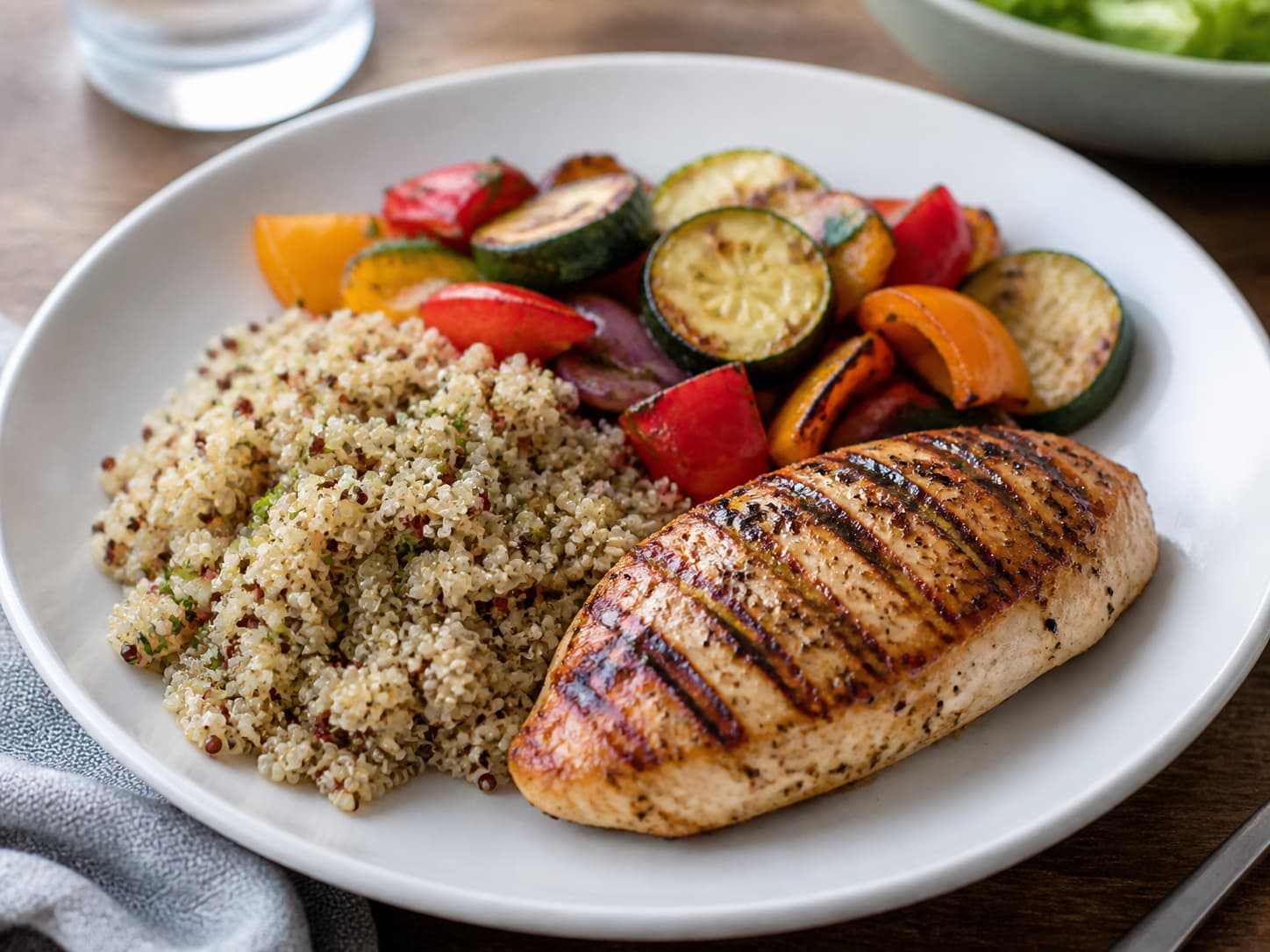 Assiette avec filet de poulet grillé, quinoa aux herbes et légumes rôtis (courgettes, poivrons) sur une table.
