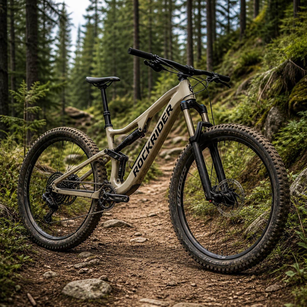 Un VTT de marque Rockrider stationné sur un chemin de terre en forêt, avec le logo bien visible sur le cadre.