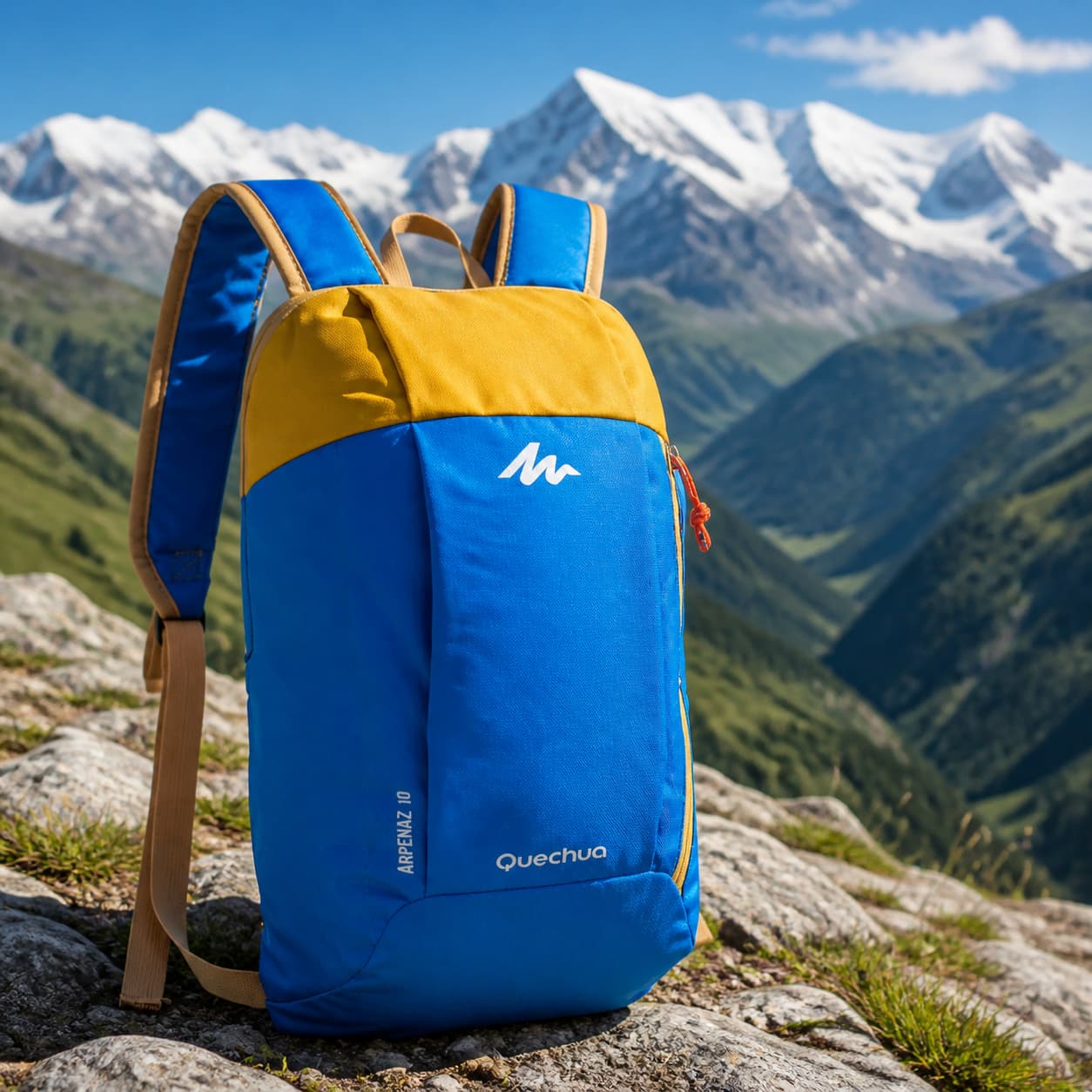Sac à dos de randonnée avec logo Quechua, posé sur un sentier rocheux devant un paysage de montagne.