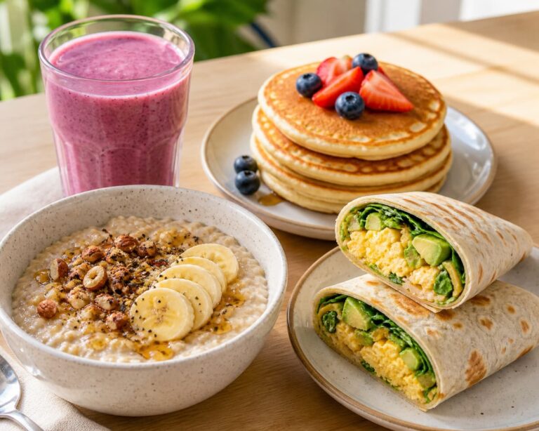 Assortiment matinal composé d'un bol de porridge, d'une pile de pancakes, d'un wrap salé tranché et d'un verre de smoothie disposés sur une table en bois.
