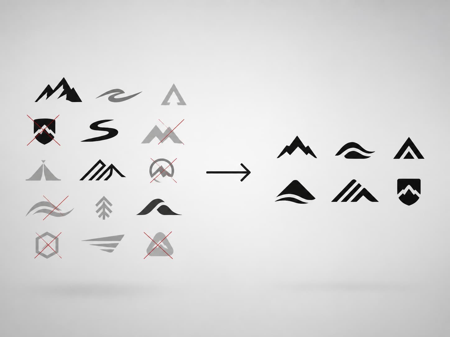 Composition stylisée montrant à gauche un ensemble de logos de marques, certains barrés, et à droite un groupe réduit de logos, avec une flèche indiquant la transformation.