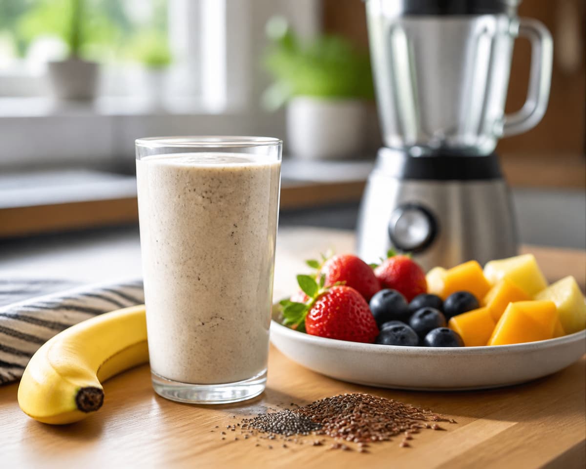 Verre de smoothie onctueux entouré d'une banane, de fruits frais et de graines sur un comptoir de cuisine devant un mixeur flou.