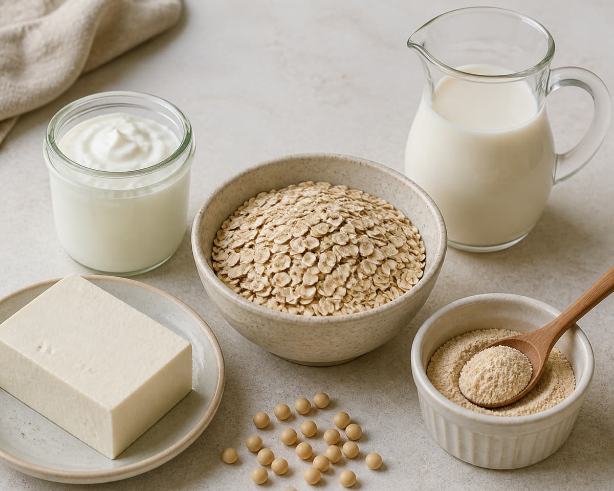 Assortiment d'ingrédients protéinés disposés autour d'un bol de flocons d'avoine, comprenant du skyr, une carafe de lait de soja, du tofu soyeux et une coupelle de poudre.