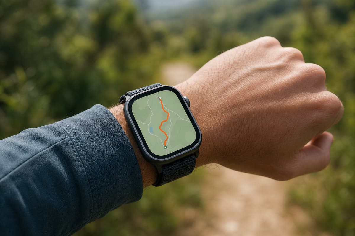 Montre connectée au poignet affichant une trace GPS sur son écran, devant un sentier extérieur flouté.