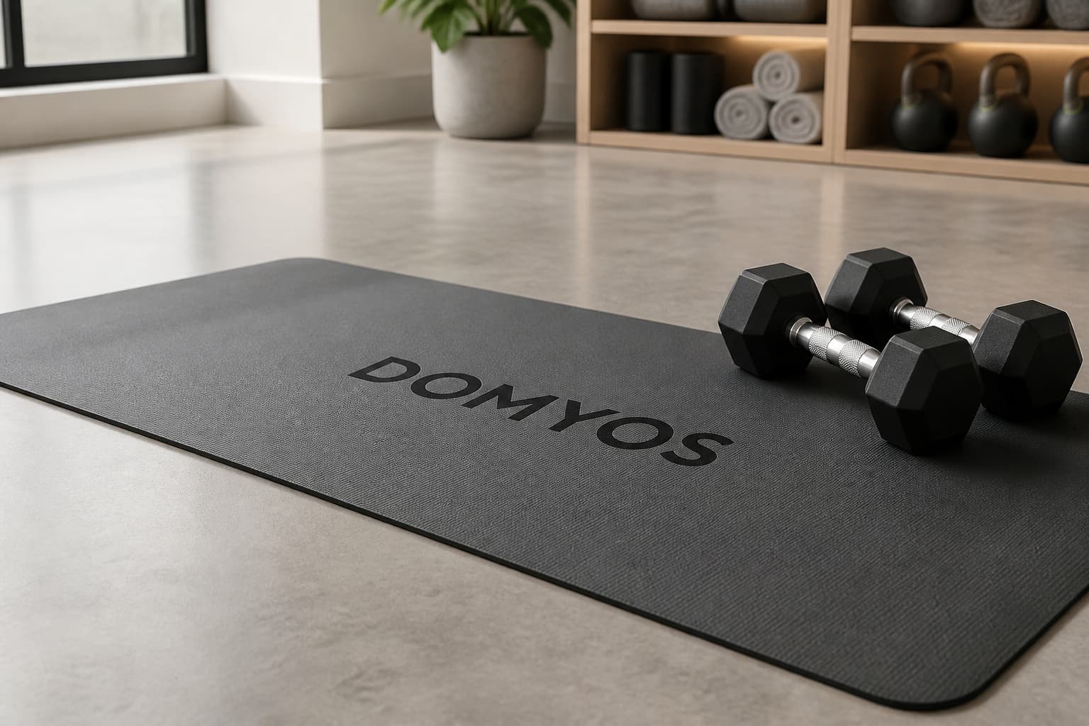 Tapis de fitness avec haltères et logo Domyos dans une salle de sport.