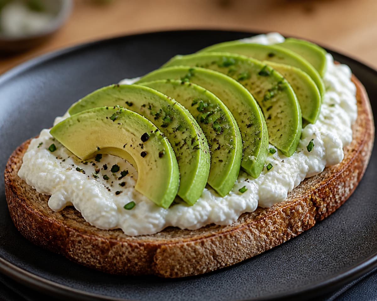 Une tranche de pain complet garnie de cottage cheese granuleux, de fines lamelles d'avocat et d'une pincée d'herbes sur une assiette mate.