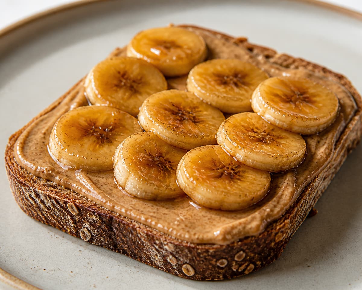 Une tranche de pain complet grillé recouverte d'une couche de beurre d'amande et de rondelles de banane dorées et caramélisées.