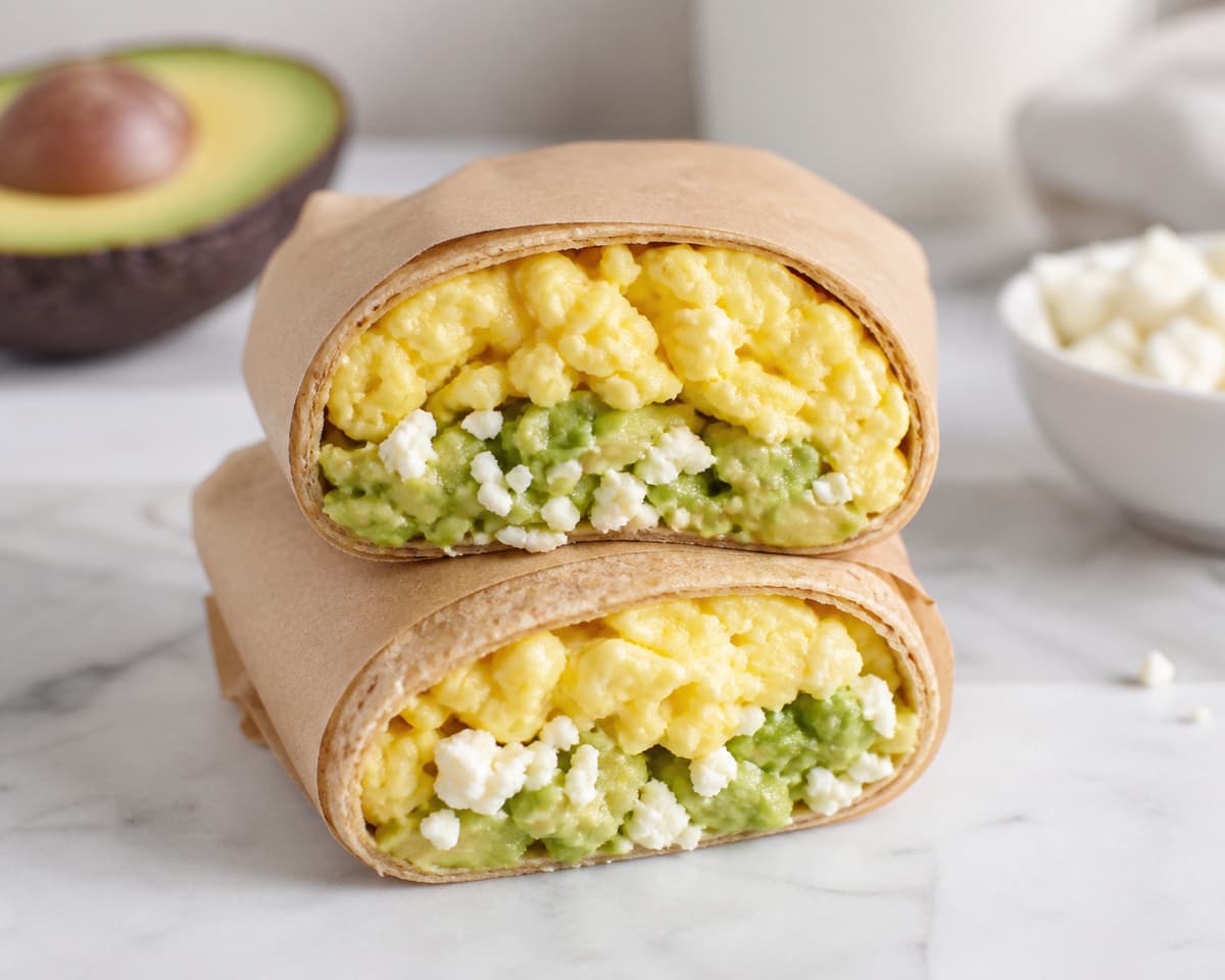 Wrap de tortilla coupé en deux garni d'œufs brouillés, d'avocat écrasé et de feta, partiellement enveloppé de papier kraft.