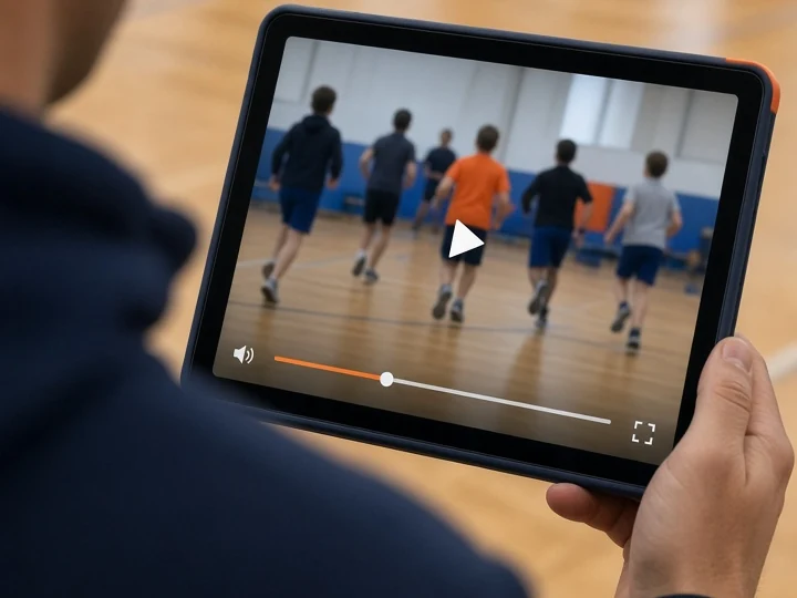 Un professeur d’EPS tient une tablette affichant la vidéo d’élèves en mouvement dans un gymnase.